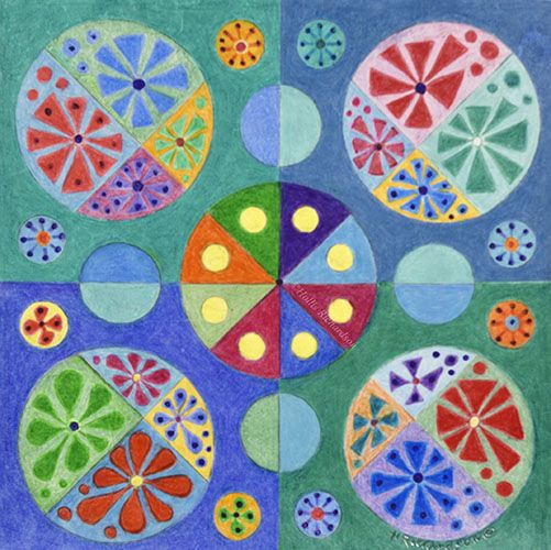 Brightly colored circles with flowers within 4 squares and more circles, a larger circle centered with triangles, an abstract drawing by Hollis Richardson.  