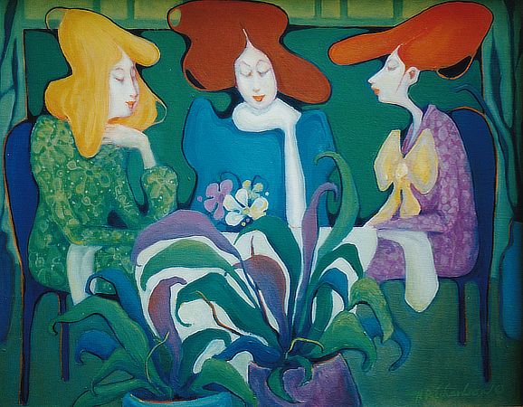 Oil Painting of 3 women at table with plant, 2 redhads, 1 blonde on greens wearing green, blue and lavender  by artist Hollis Richardson
