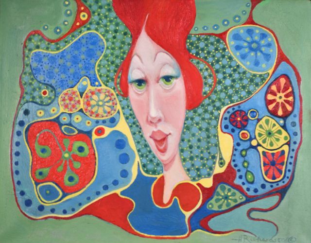Oil Painting of stylized woman with red hair  surrounded by abstract shapes and patterns of green, red, blue and  yellow by artist Hollis Richardson