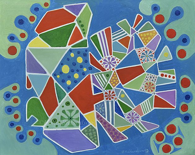 Geometric shapes in red, blue, yellow and purple on blue and green.  Oil painting by Hollis Richardson  