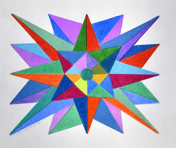 Many  triangles pointing outward  layers  of in oranges, greens, blues and purple with yellow accent in the cneter  by Hollis Richardson 