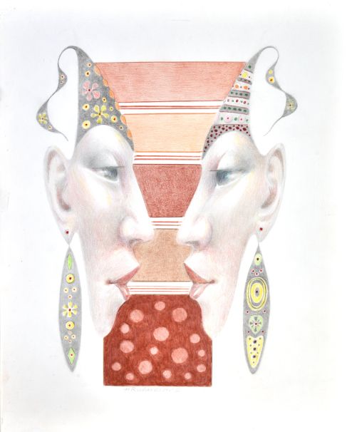 Modern prismacolor drawing ot two women’s stylized faces that also make up one face, in shades of brown by artist Hollis Richardson