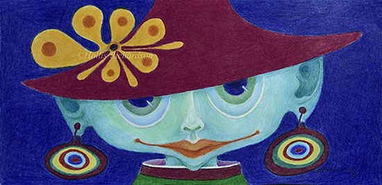 Charming drawing of woman with a round face, a big hat and a big smile by artist Hollis Richardson. In blues, magenta & gold  with green hightlights.

