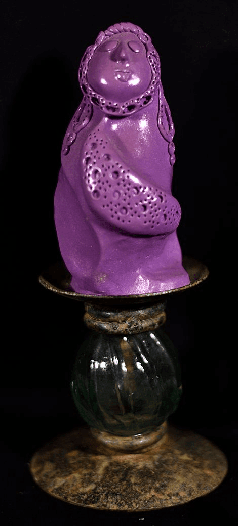 Cute purple figure w ith rounding face turned upward in  Polymer Clay  9 x 3.5 x 3.5 by artist Hollis Richardson