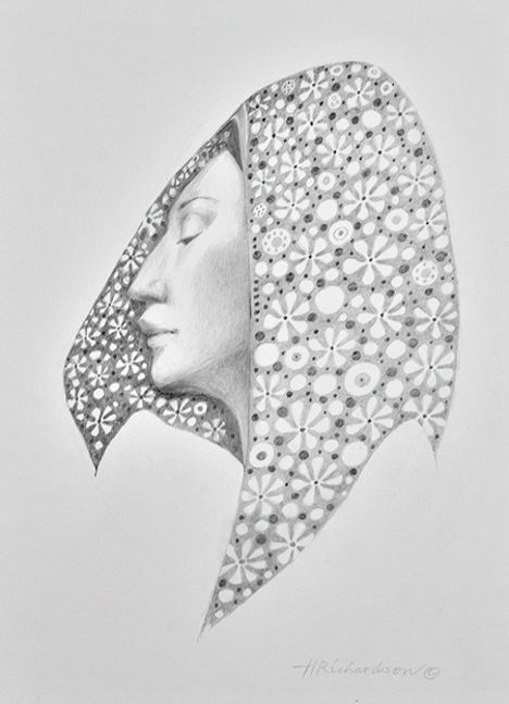 Pencil drawing of a woman’s face turned to one side, eyes downcast with scarf with flower print by Hollis Richardson
