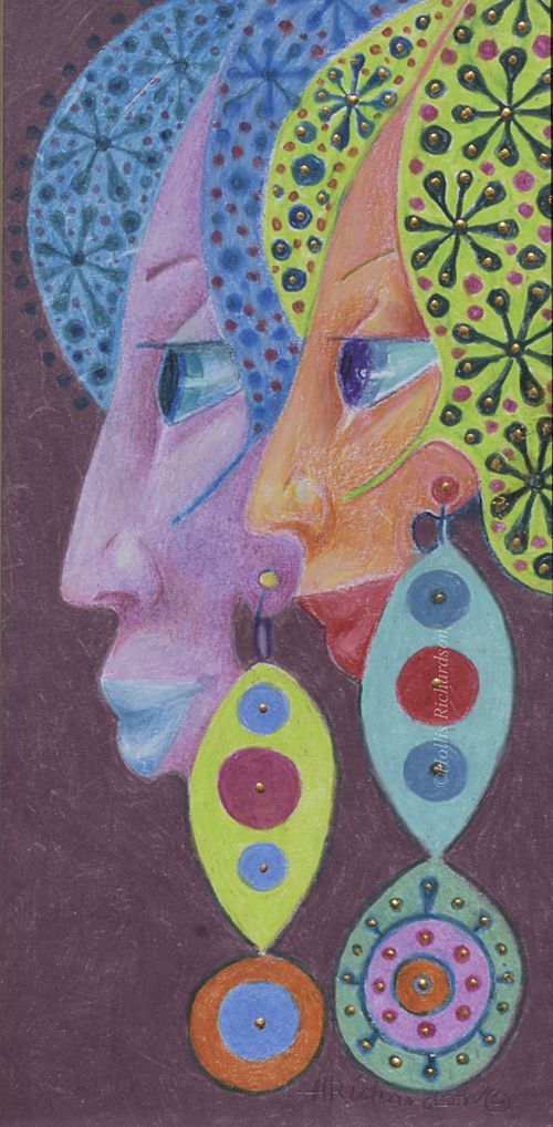 Beautiful women of different colors with citron and blue hair adorned with flowers big earrings on plum background. A colorful drawing by Hollis Richardson