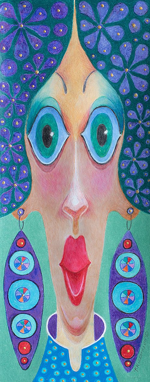 Face of woman with purple drop earrings and flowers in her hair with wide eyes of blue on a soft green background. Artwork by Hollis Richardson