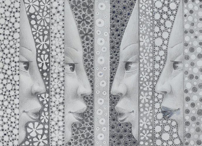 Stunning pencil drawing of four women facing to the middle surrounded by richly patterned wide vertical strips by Hollis Richardson