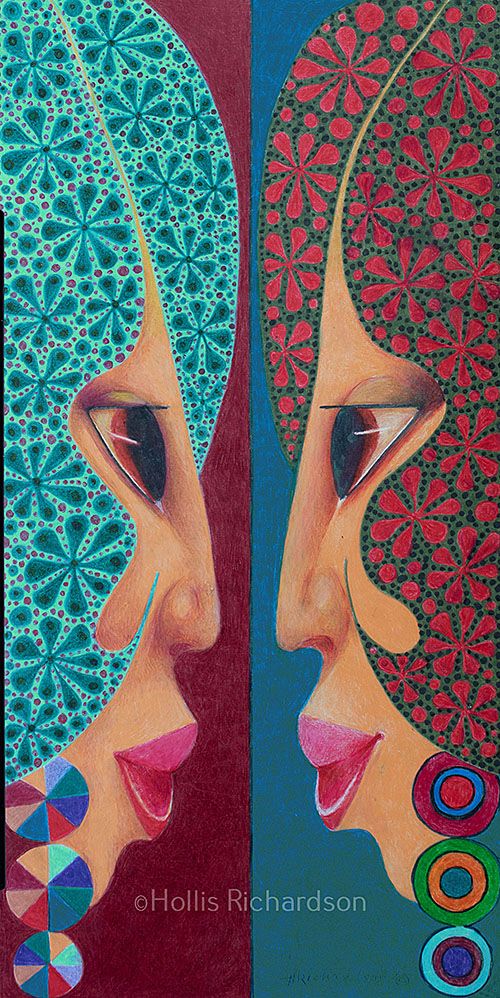 2 long faces of women with flowers and dots of red on green hair and darker on light aqua, long noses and earrings with beautiful eyes,  Artwork by Hollis Richa