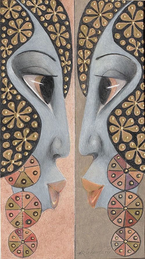 A study in neutrals. Gray faces with black hair, brown and gold flowers on pastel orange and brown.  A drawing by artist Hollis Richardson.
