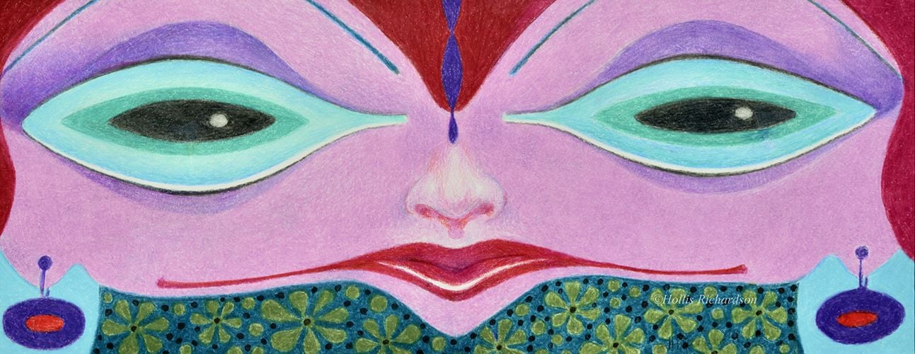 Face elongated horizontally in pinks, reds and green eyes on background of dark blue with green flowers by artist Hollis Richardson 