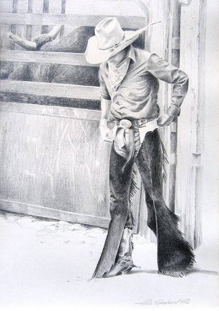 Cowboy with chaps and cowboy hat in front of bull pen, looking down, contemplating his coming ride, Pencil drawing by Hollis Richardson. 