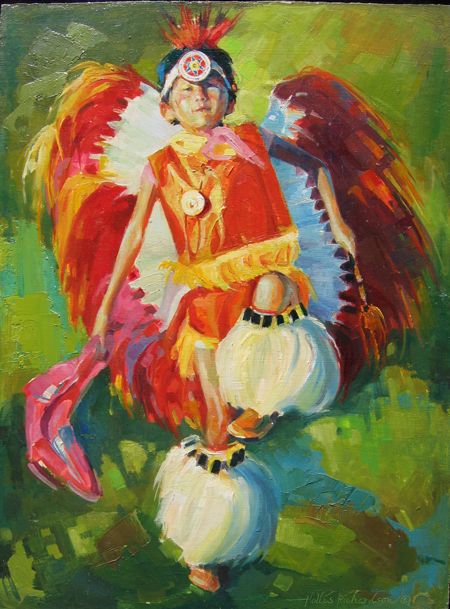Painting of Native American child in fancy dance costume with a bustle of many feathers wearing bright orange, dancing by Hollis Richardson