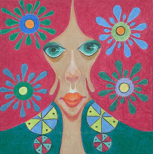 Woman looking straight at you with green eyes, wearing green, rosy red hair with blue and green flowers and ldangly earrings by artist Hollis Richardson 