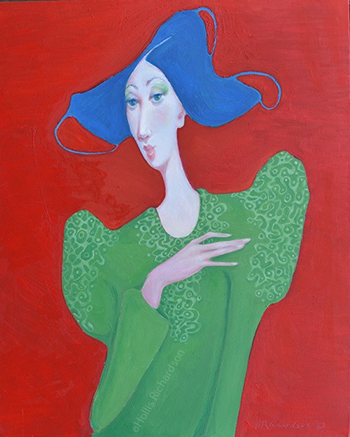 Oil Painting of classy woman with blue hair and green dress on solid red  by artist Hollis Richardson