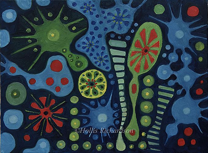 Dramatic abstract oil painting in elongated and circular shapes in green, blue, yellow and red on black by Hollis Richardson.