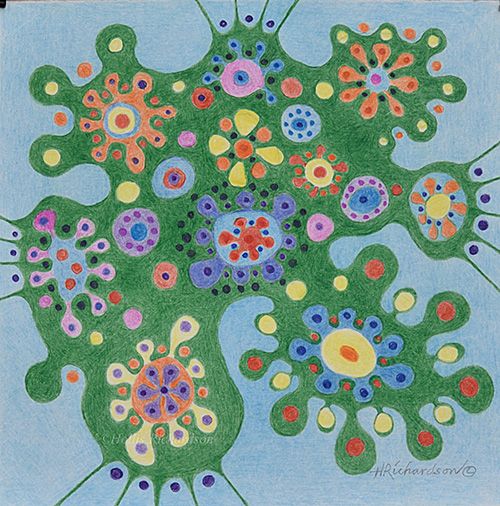 Pale blue background with undulating green and flower shape in orange , blue and lavender with yellow circles by Hollis Richardson.