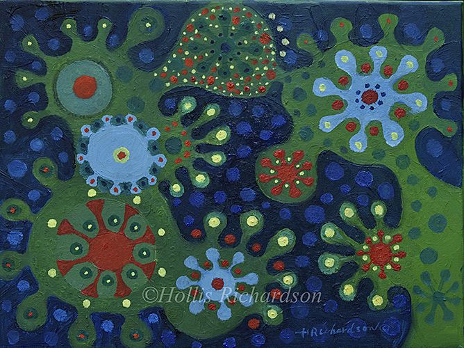 Dark blue abstract with lime green and light blue shapes with red pinwheels and dots surrounded by medium blue dots by Hollis Richardson