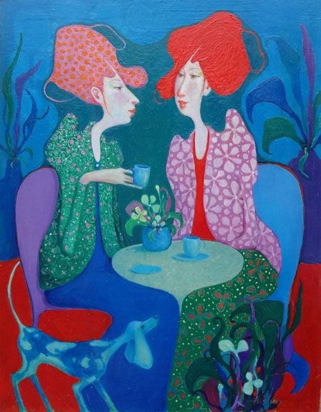 Oil painting of 2 women at a table with dog, done with blue, red and greens with small patterns in the clothes by artist Hollis Richardson