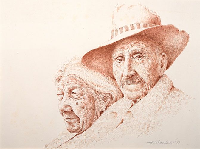 Pen and Ink of old western couple in sepia by Hollis Richardson.