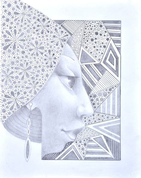 Profile of a woman's face with large cap adorned with dots and flower on an abstract background of triangles with stripes and dots by artist Hollis Richardson.