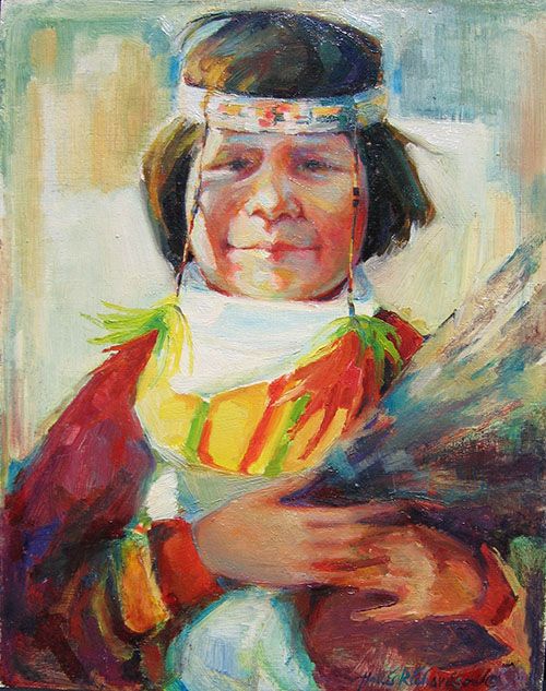 Oil painting of smiling Native American boy with headband and feathers by Hollis Richardson 