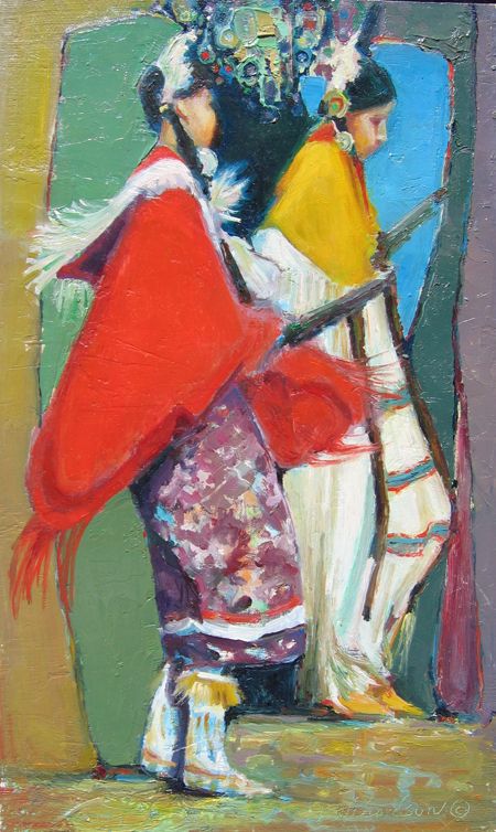 Two young native women dancing in brightly colored shawls, an oil painting by Hollis Richardson.