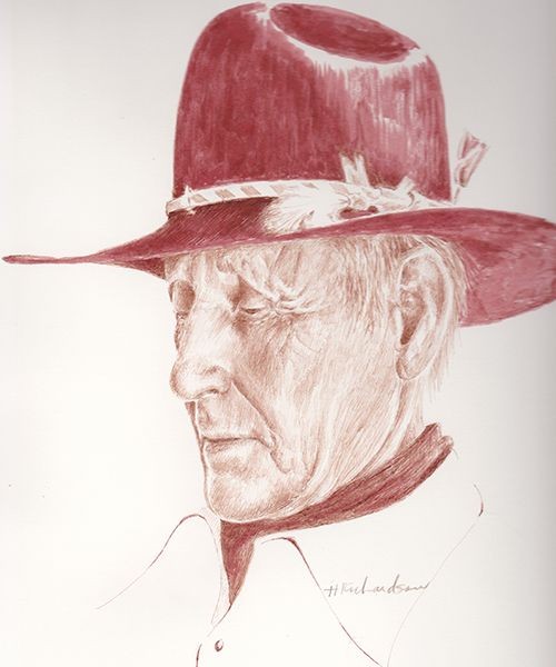 Realistic portrait in pen and sepia ink of an old man with his cowboy hat by Hollis Richardson.