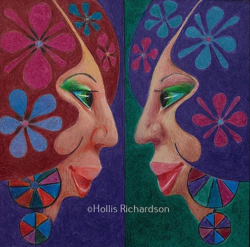 Two woman, nose to nose  green eyes, hair of purple and red brown,  flowers on dark green and purple, drawing by artist Hollis Richardson