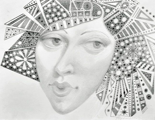 Graphite pencil drawing of young  woman with hair full of design and pattern, suggesting party life
by artist Hollis Richardson.