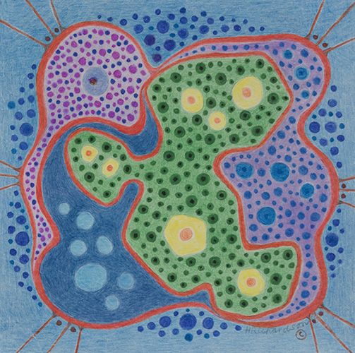 A meandering red line enclosing organic shapes of blue, breen and lavender on blue with blue, green and yellow dots, an abstract drawing by Hollis Richardson