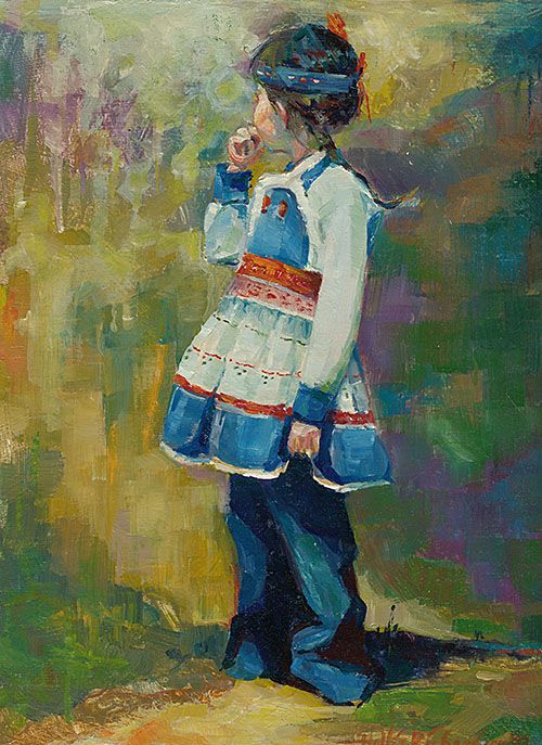 Native child in dress and jeans with feather in her hair, finger to her lips, looking away in oil painting by Hollis Richardson. 