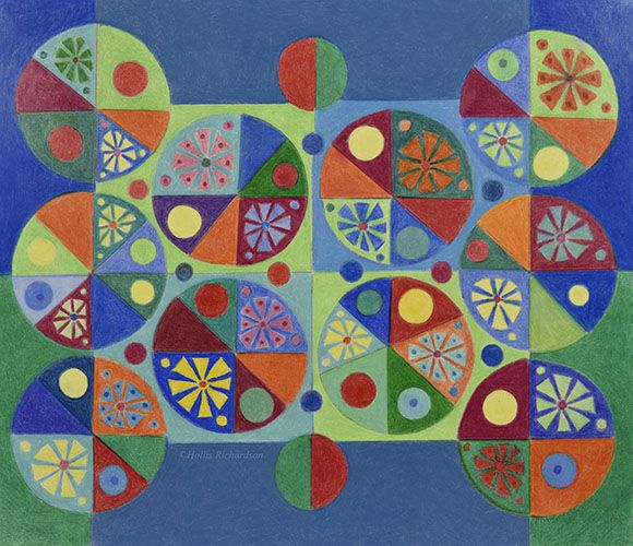 Twelve large circles within squares segmented into triangles with flower motif and circles in reds, greens, blue and yellow, an abstract by Hollis Richardson  