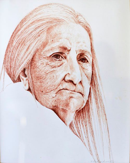 Pen & Sepia Ink Drawing portrait of an old woman with long straight hair by Hollis Richardson.