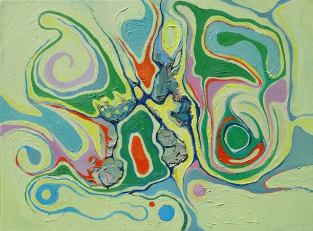 Light green with swirls of blue, yellow, red and dark green accents. Restful oil painting by artist Hollis Richardson.