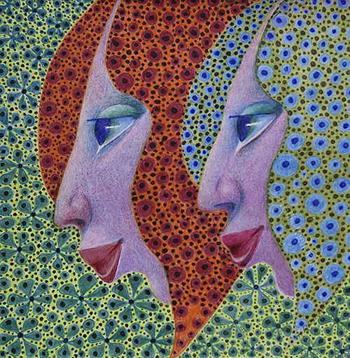 Two faces of beautiful modern women with patterns of dots and flower on  red and lavender on green by artist, Hollis Richardson.