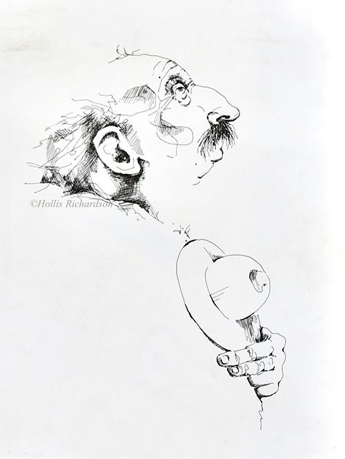 Pen and ink drawing in black and white of a large man with a big nose and small hat on his chest by artist Hollis Richardson