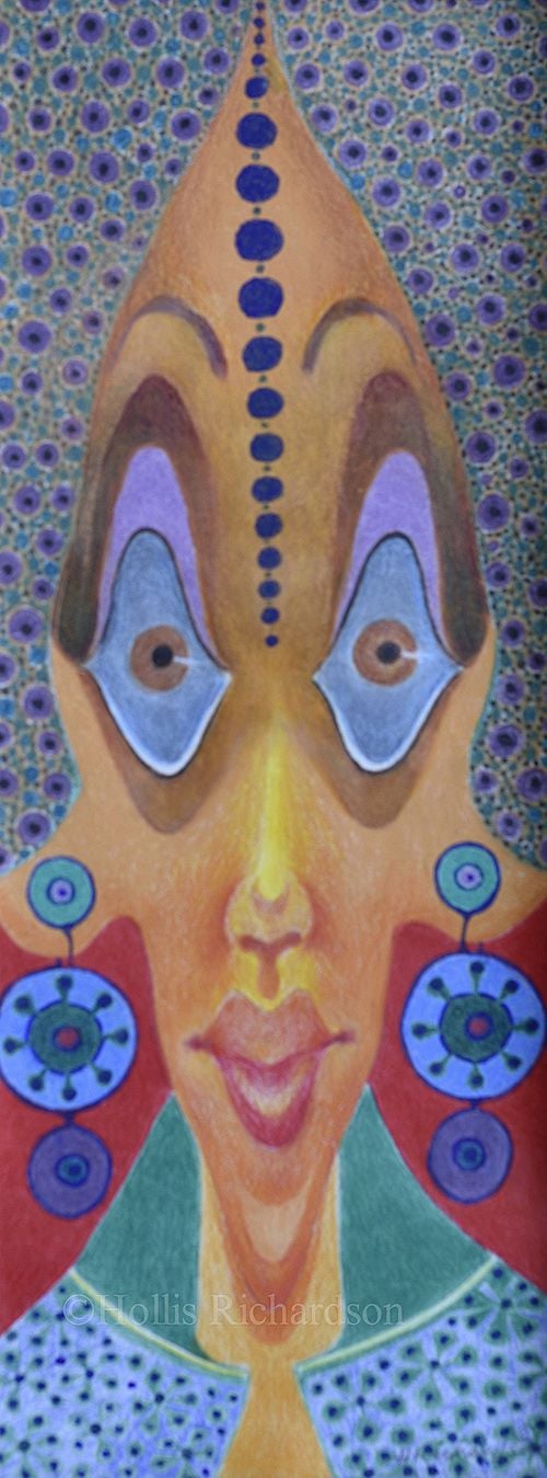 Heaviily patterned clothes and hair of woman with wide open eyes, dangly earring in blues, red, lavenders, green and  yellow by Hollis Richardson   