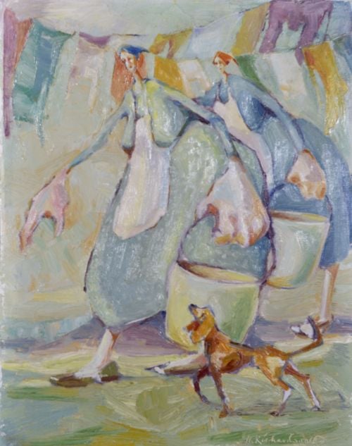 Oil painting of women hanging  laundry on a clothesline using distortion denoting rural life in the 40s by Hollis Richardson