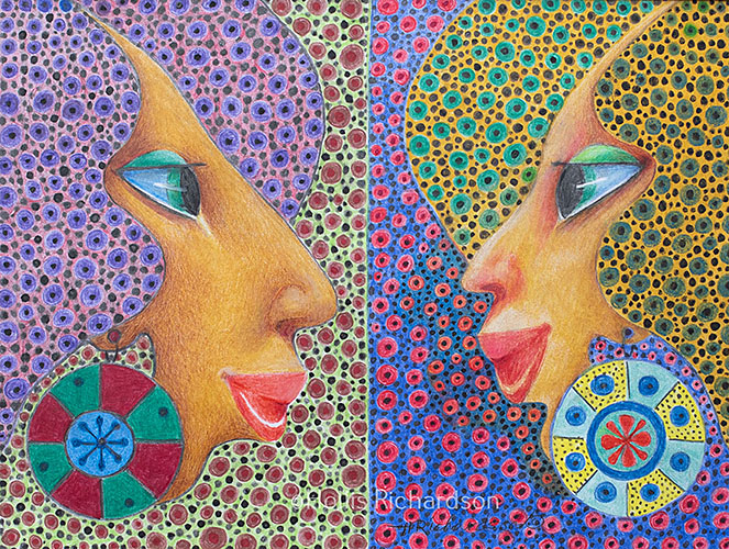 A woman facing a younger girl surround by patternes of dots in green, lavender and red on  yellow and blue by Hollis Richardson.