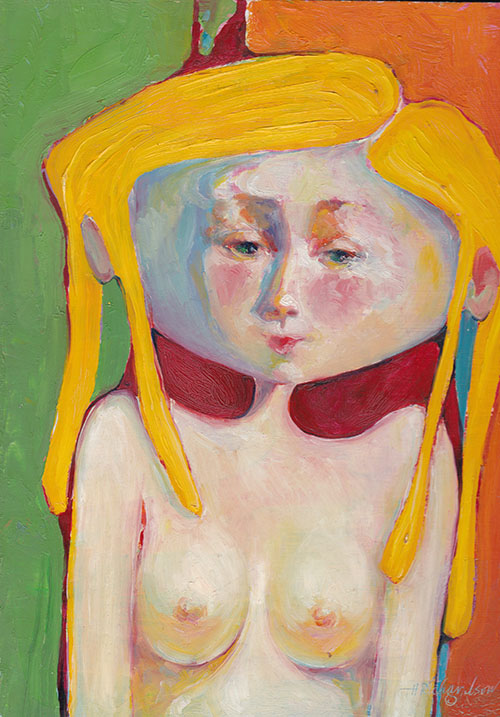 Oil painting of a stylized blonde  nude on  green, red  and orange by artist Hollis Richardson