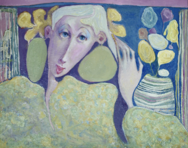 Blond young woman, dressed in yellow green on blue background hand raised with yellow flowers  by artist Hollis Richardson