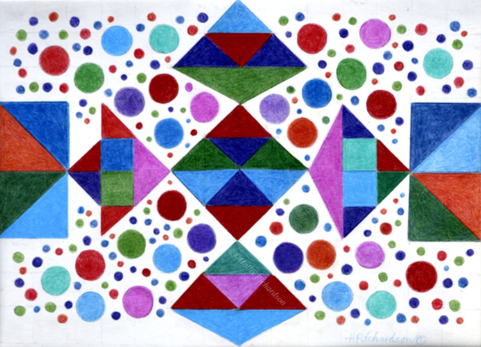 Triangles in rectangles and  larger daimonds with large and small circles, all red, blue,  green and plum on white.  Abstract oil painting by Hollis Richardson