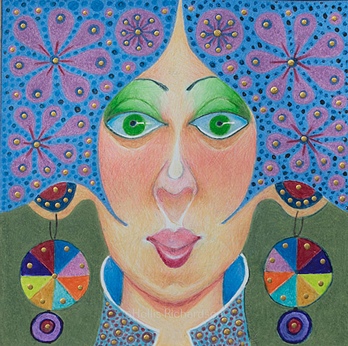 Woman with slanted green eyes, blue and lavender hair on green with multicolored earrings by Hollis Richardson
