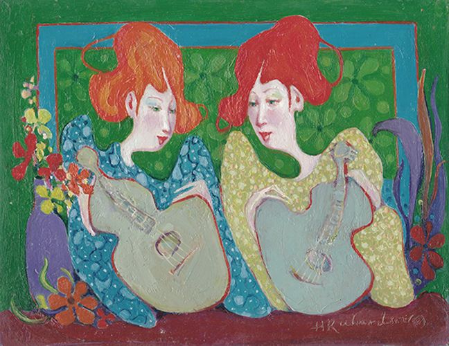 Oil Painting of 2 young red heads with guitars in hand on green, wearing blue and light green by artist Hollis Richardson