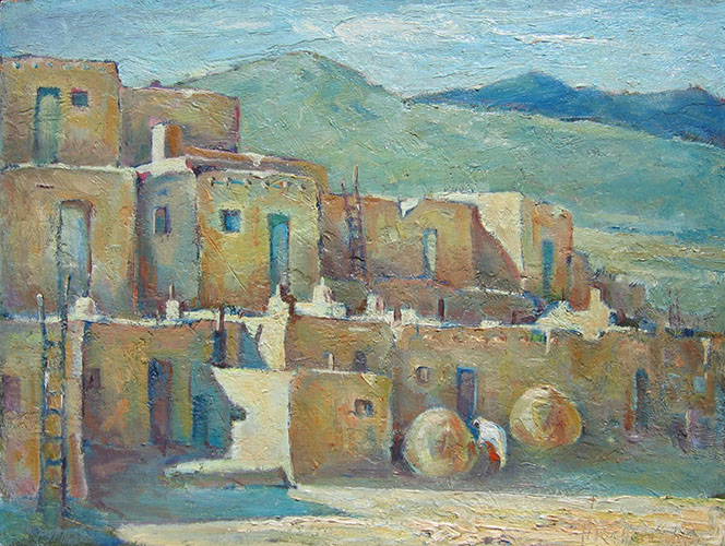 Taos style peublo in yellows with tinges of red, turquoise door with green and blue mountains in background. An oil painting by Hollis Richard