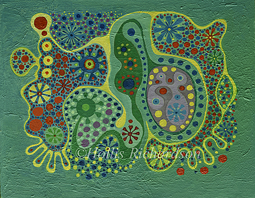 Undulating lines in  yellow on green with red, blue green and yellow circles and flowers between and surrounding them by artist  Hollis Richardson