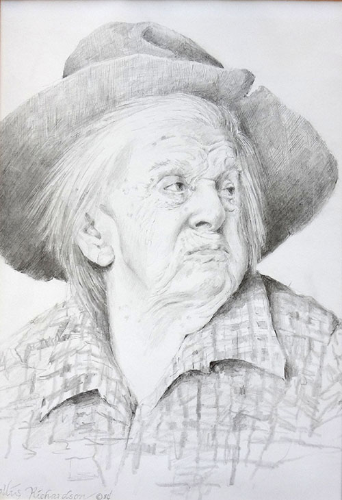 Protrail of older woman in western hat, hair in disarray, a weathered face and common shirt.  A graphite drawing by artist, Hollis Richardson.